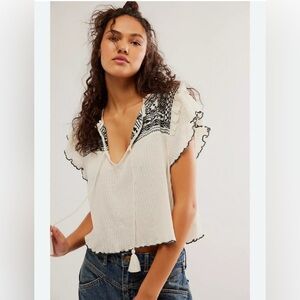 Free People Sarafina Embroidered Blouse in Ivory Black Combo